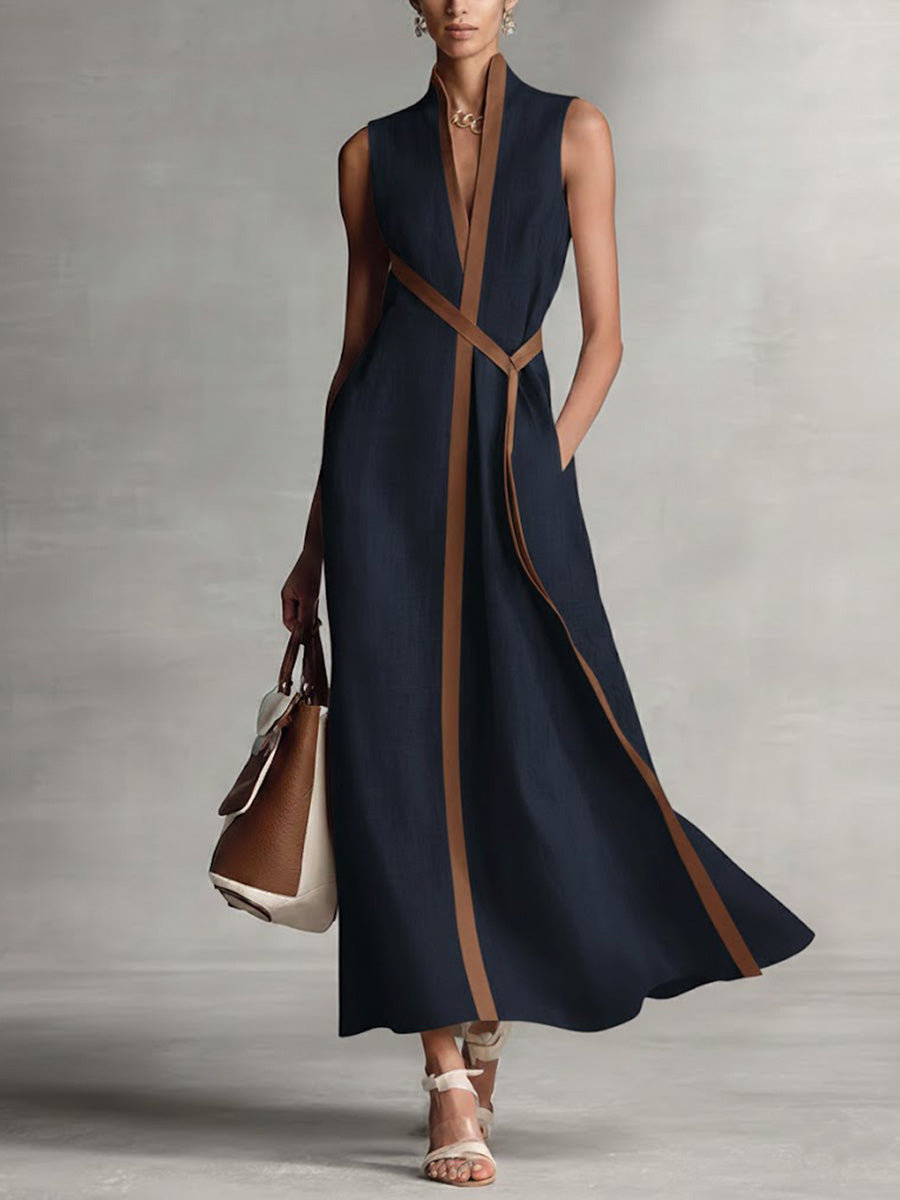 Abito midi da donna senza maniche, bordo a contrasto, scollo a V, cintura