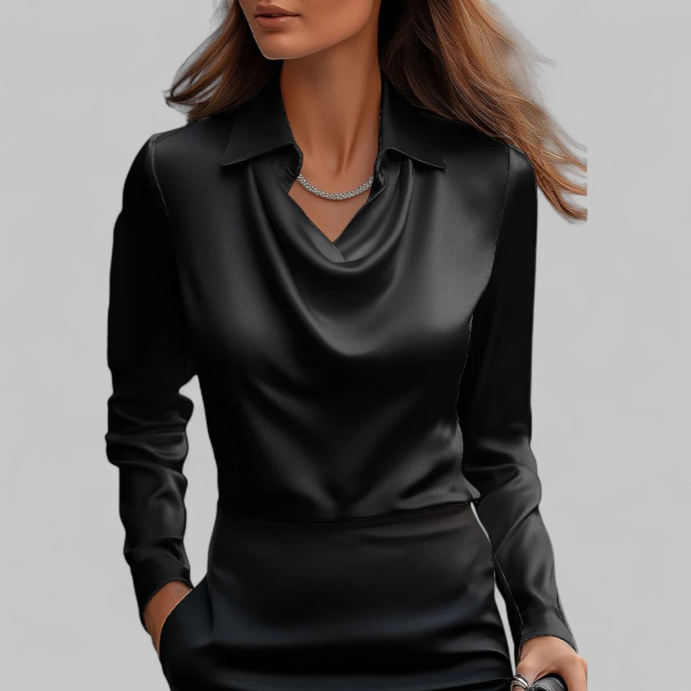Blusa donna con colletto a camicia, colletto lavallière, linea fluida, maniche lunghe