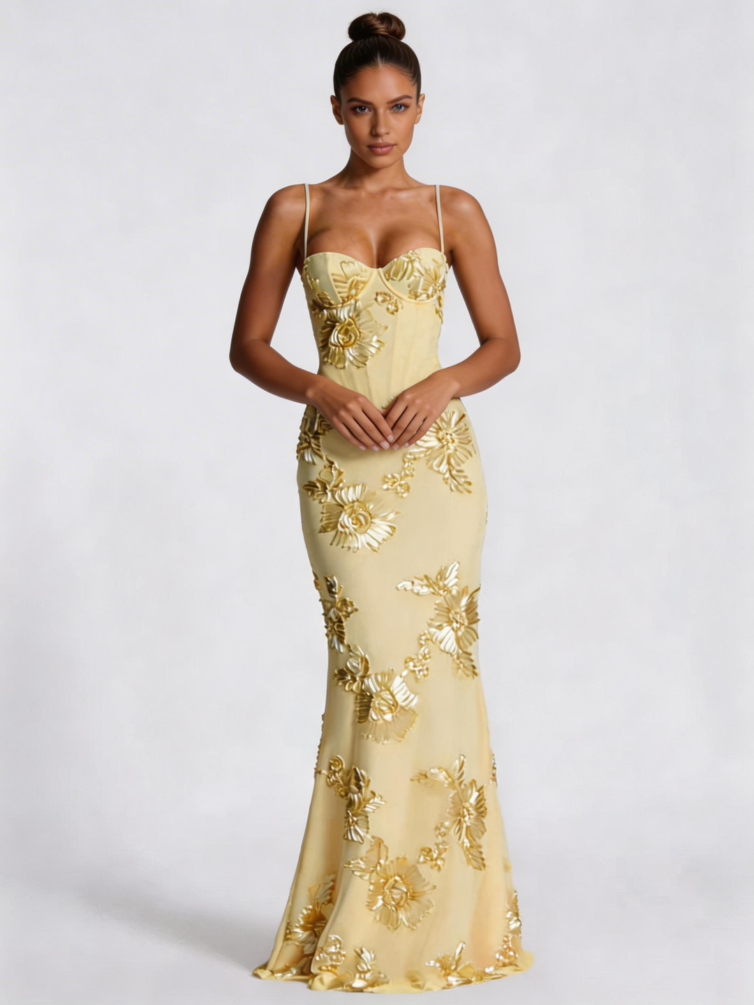 Vestito lungo da donna giallo pallido, bustier con ricami floreali, taglio a tubino