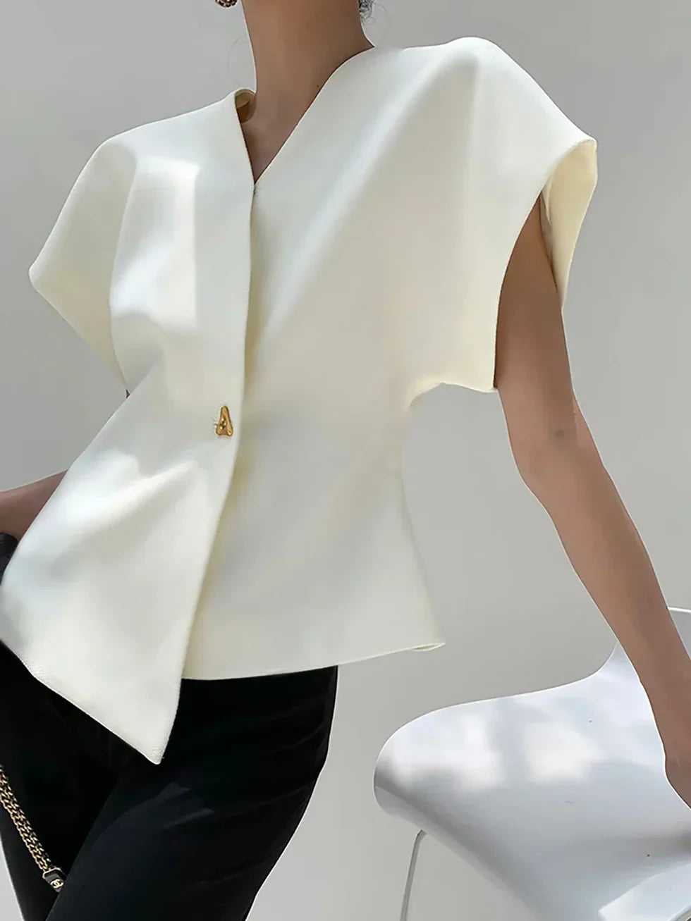 Blusa da donna con scollo a V asimmetrico, bottone singolo, maniche a mantella strutturate