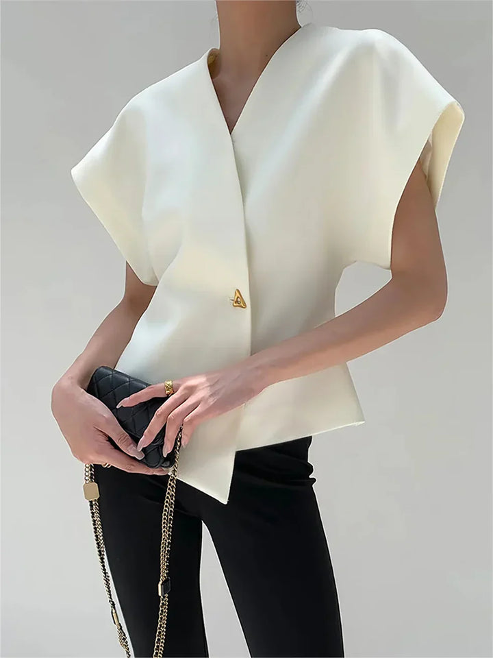 Blusa da donna con scollo a V asimmetrico, bottone singolo, maniche a mantella strutturate