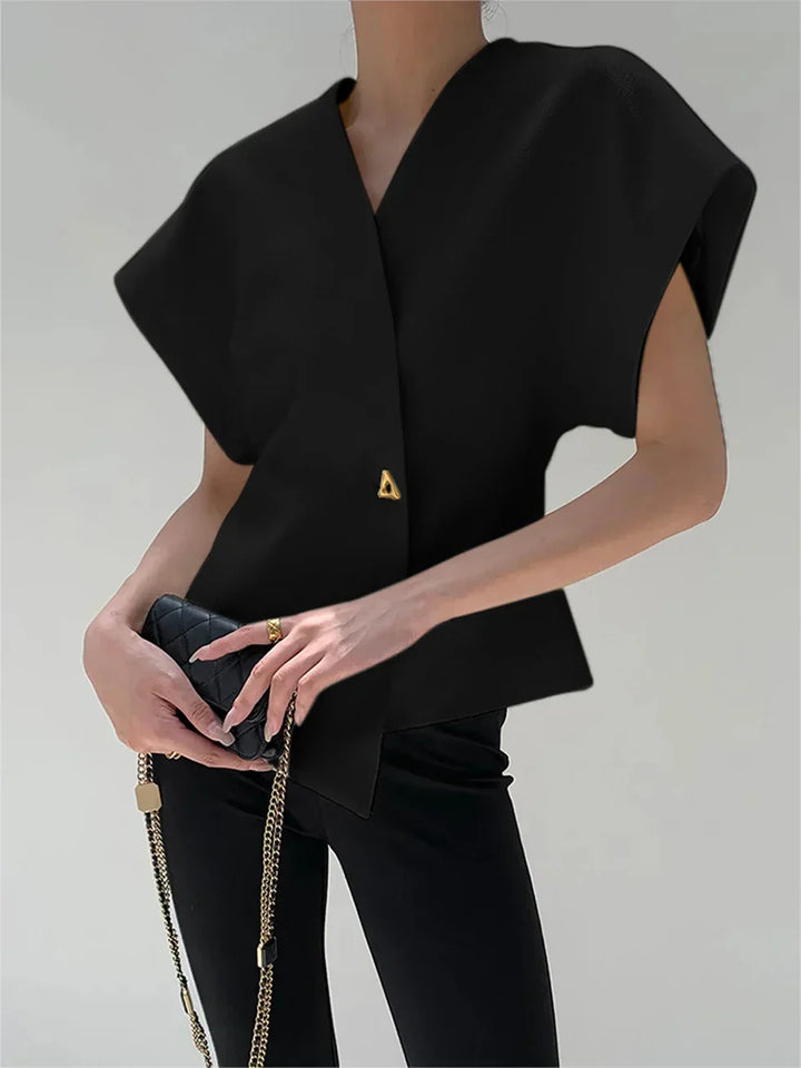 Blusa da donna con scollo a V asimmetrico, bottone singolo, maniche a mantella strutturate