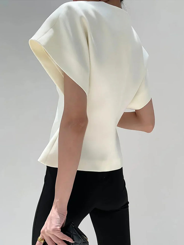 Blusa da donna con scollo a V asimmetrico, bottone singolo, maniche a mantella strutturate
