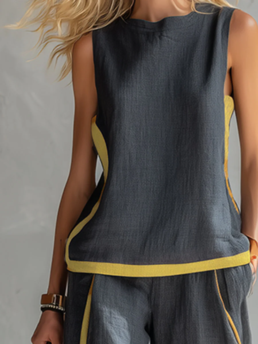 completo da donna con canotta senza maniche e pantaloni larghi multicolori
