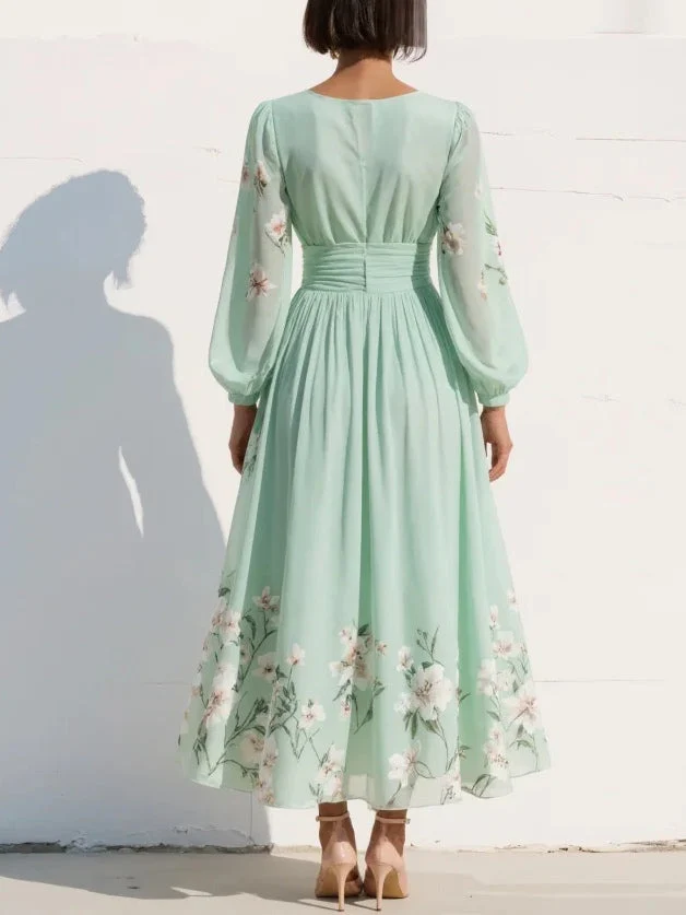 Abito midi donna scollo a V linea ad A plissettato stampa floreale verde chiaro