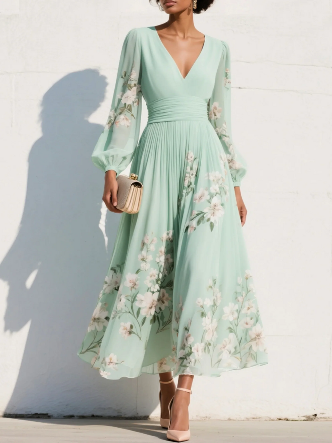 Abito midi donna scollo a V linea ad A plissettato stampa floreale verde chiaro