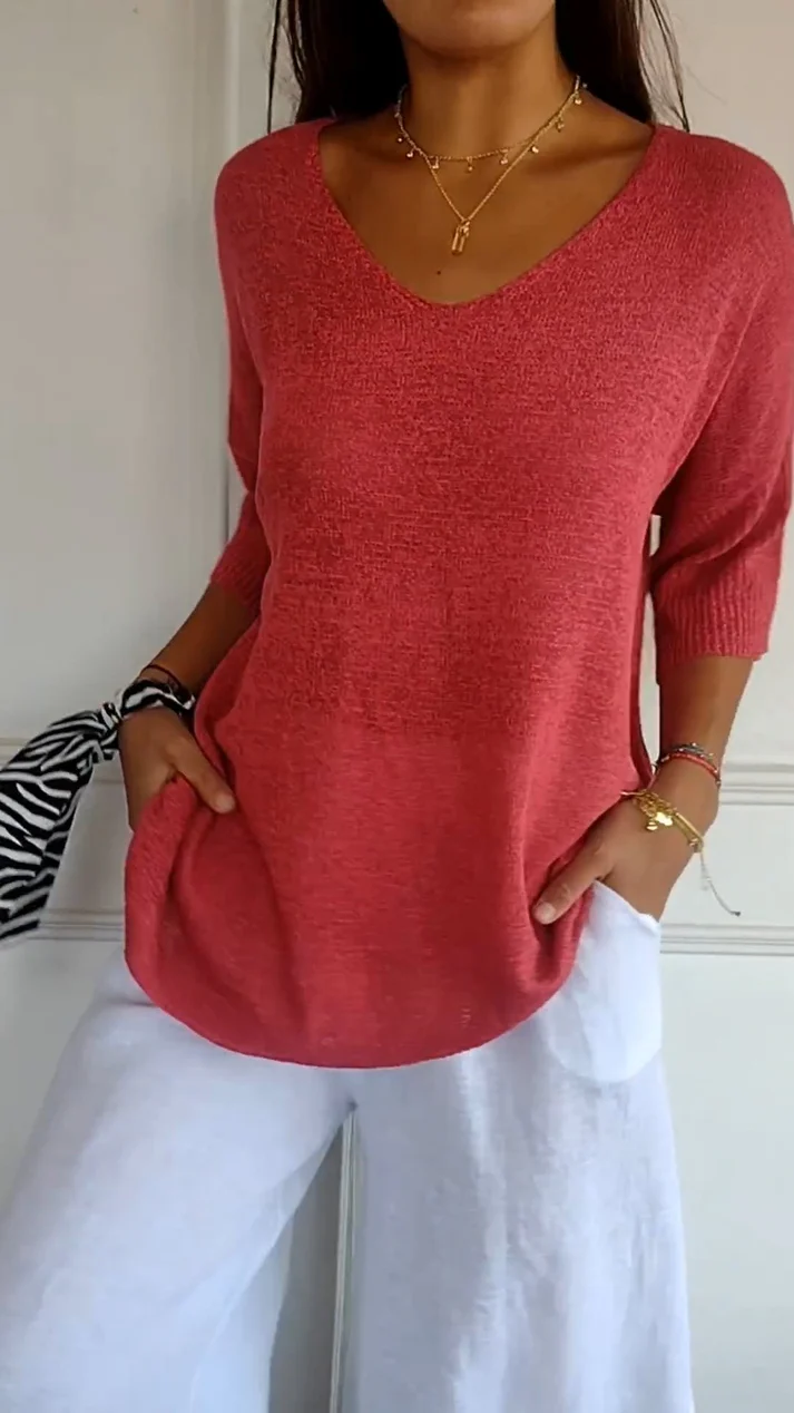 Blusa da donna con scollo a V, maniche 3/4, vestibilità morbida, orlo arrotondato