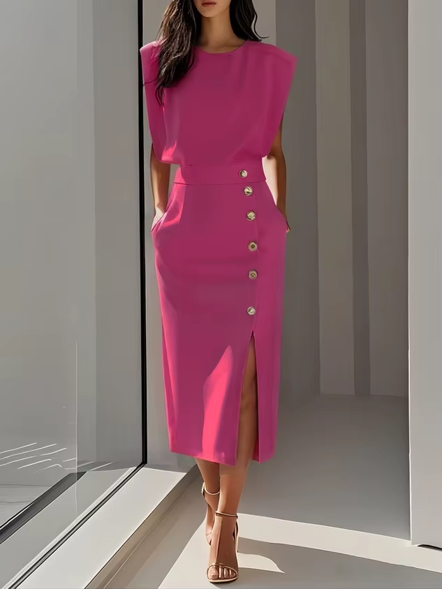 Abito midi donna senza maniche spalline strutturate vita alta con spacco bottoni