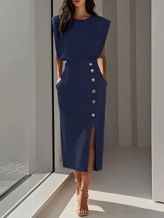 Abito midi donna senza maniche spalline strutturate vita alta con spacco bottoni
