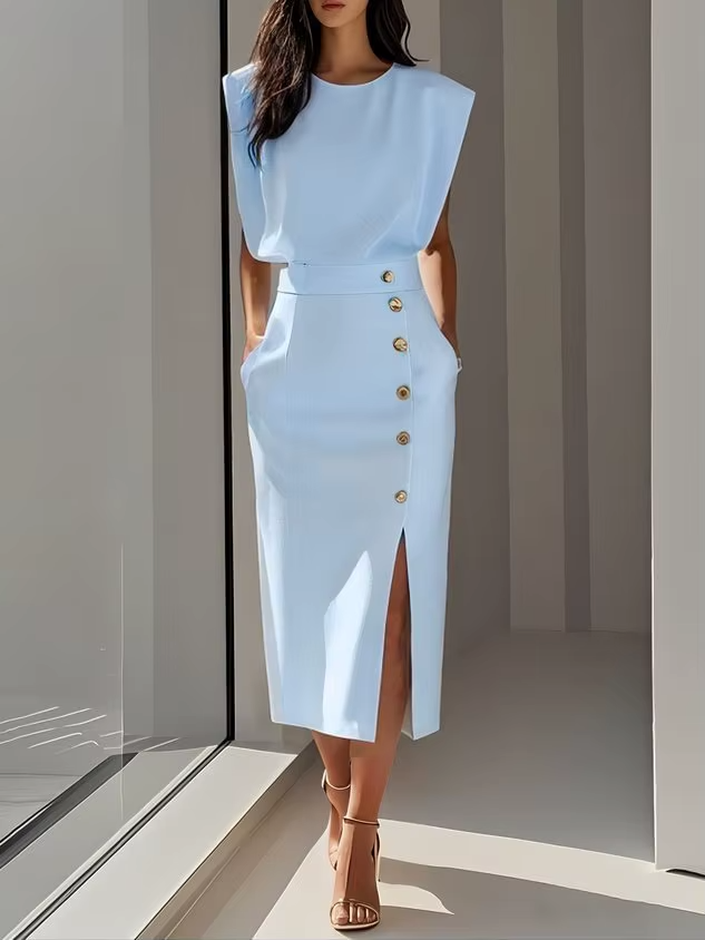 Abito midi donna senza maniche spalline strutturate vita alta con spacco bottoni