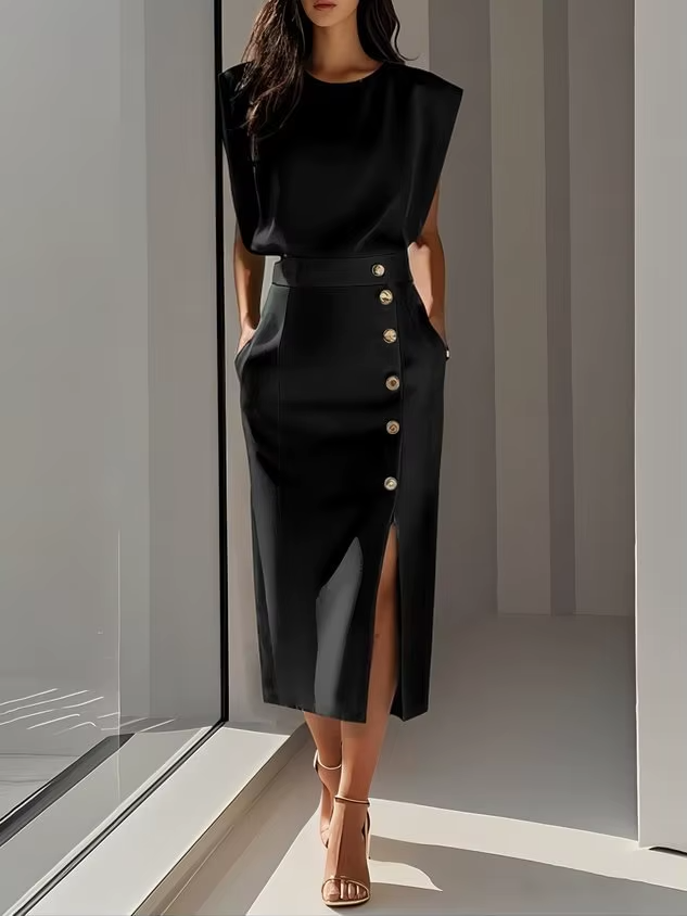 Abito midi donna senza maniche spalline strutturate vita alta con spacco bottoni