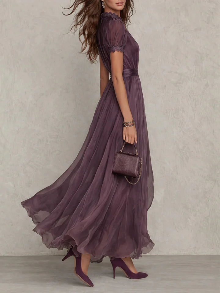 Vestito lungo da donna color prugna collo alto maniche a sbuffo plissettato