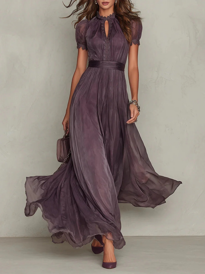 Vestito lungo da donna color prugna collo alto maniche a sbuffo plissettato