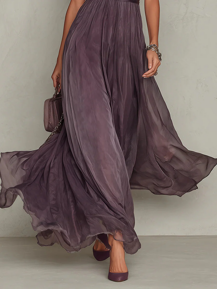 Vestito lungo da donna color prugna collo alto maniche a sbuffo plissettato