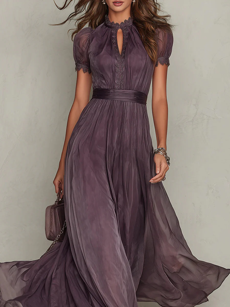 Vestito lungo da donna color prugna collo alto maniche a sbuffo plissettato