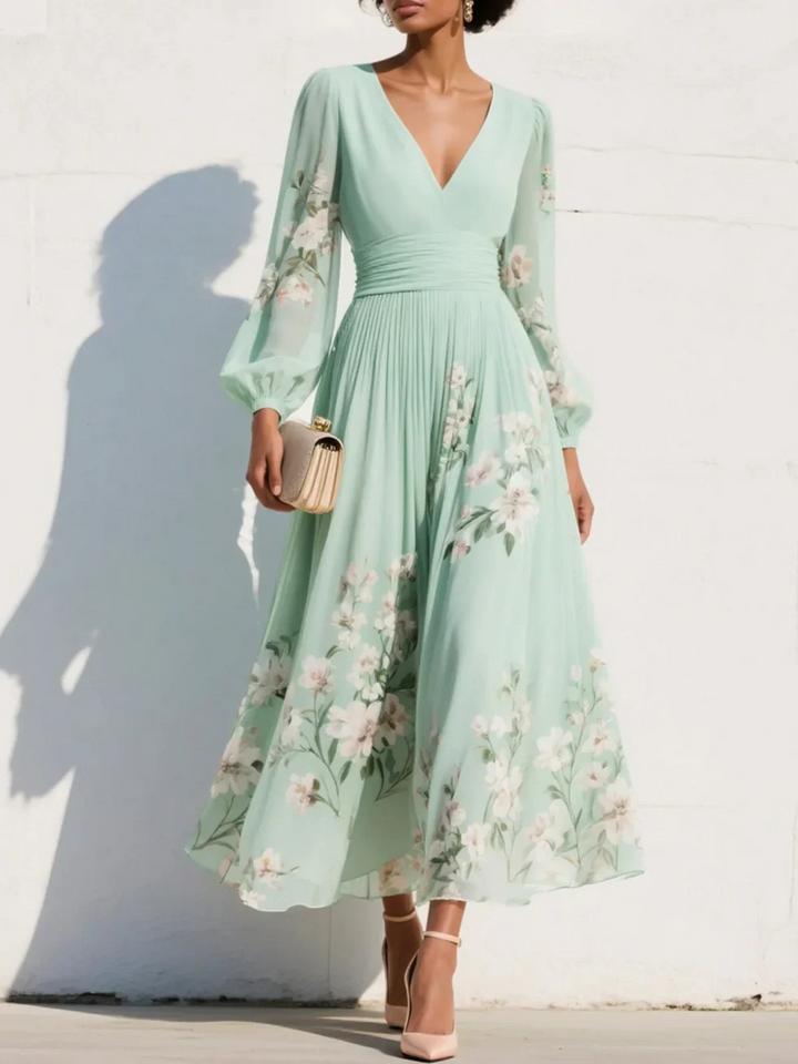 Vestito a fiori midi da donna verde menta scollo a V maniche lunghe plissettato