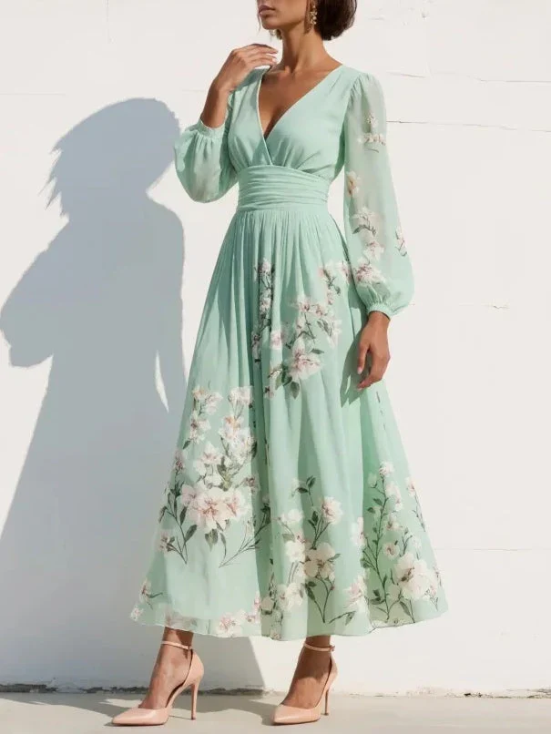Vestito a fiori midi da donna verde menta scollo a V maniche lunghe plissettato