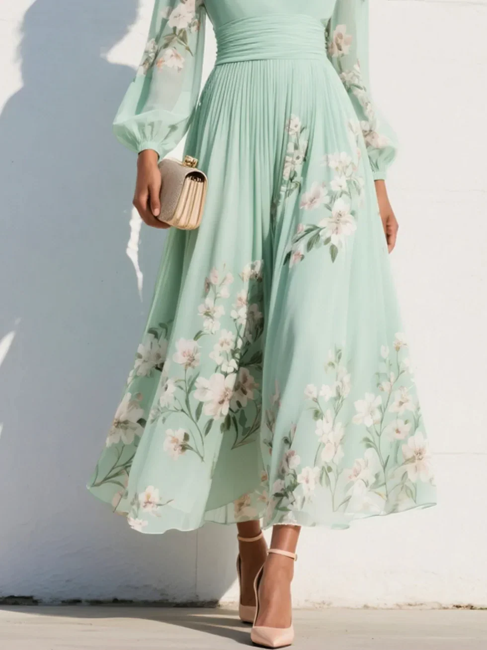 Vestito a fiori midi da donna verde menta scollo a V maniche lunghe plissettato