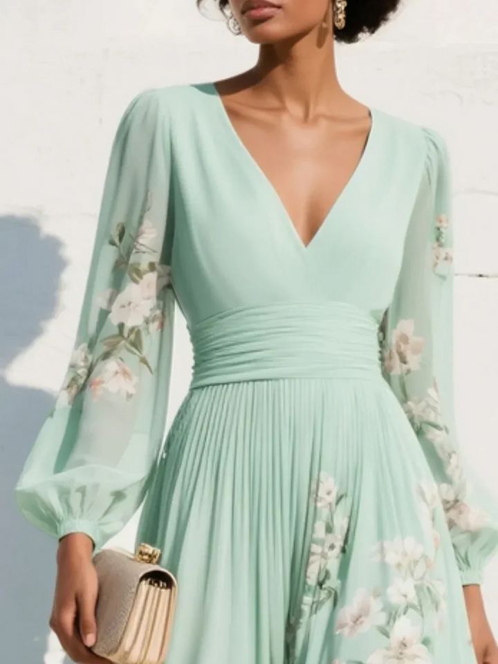 Vestito a fiori midi da donna verde menta scollo a V maniche lunghe plissettato