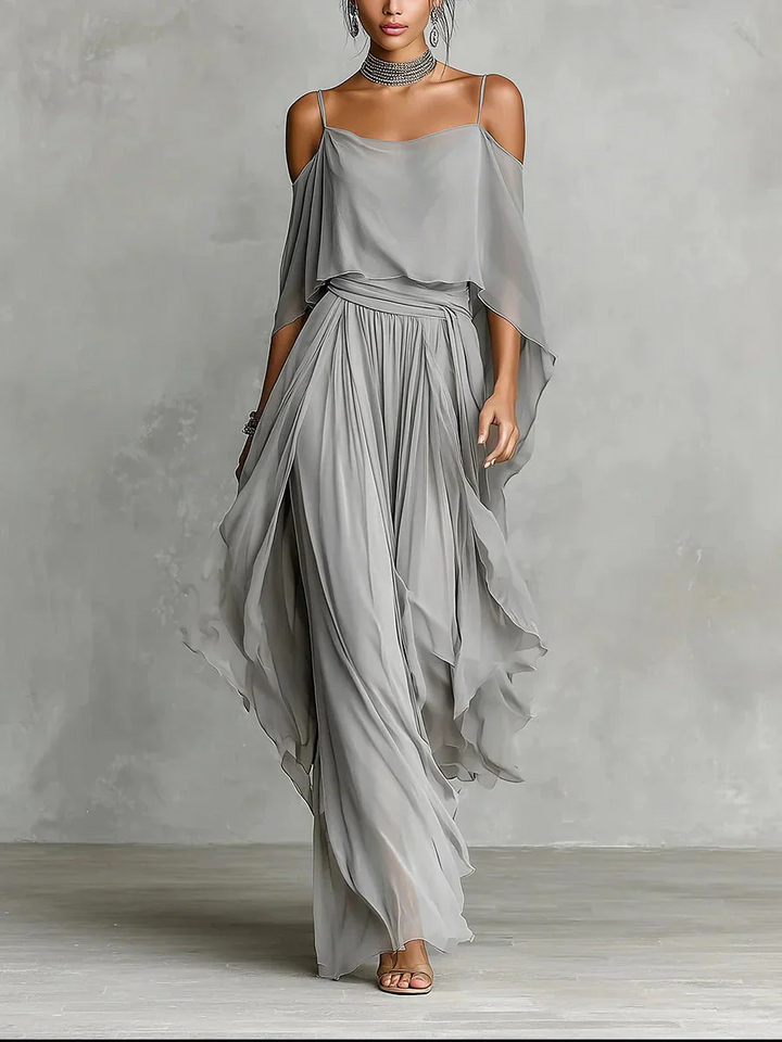 Completo da donna grigio a Spalle scoperte con bretelle fini gamba ampia fluido