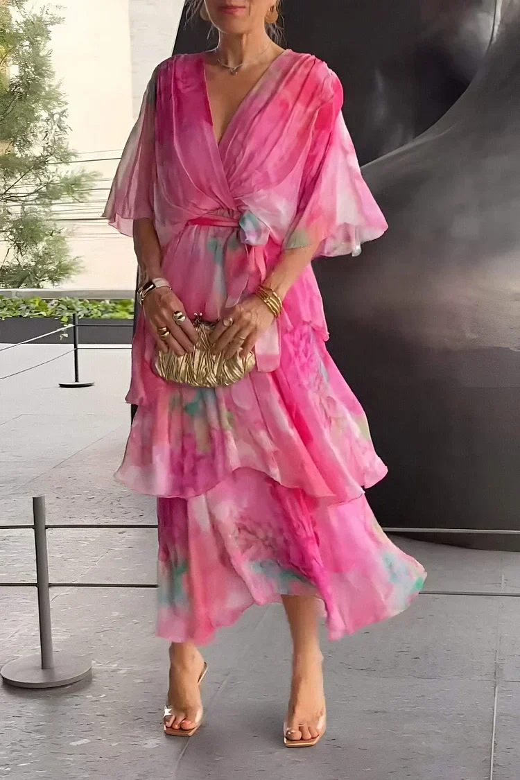 Abito midi da donna multicolore incrociato cache-cœur, con volant, maniche a pipistrello