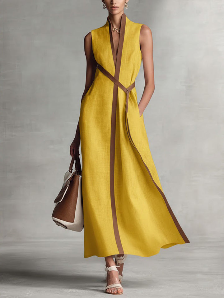 Abito midi da donna senza maniche, bordo a contrasto, scollo a V, cintura