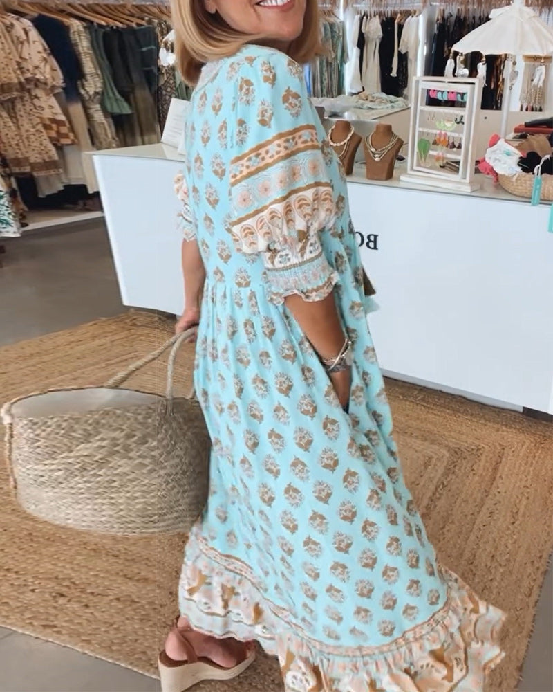 Abito midi da donna multicolore con scollo a V, maniche 3/4, stampa e volant