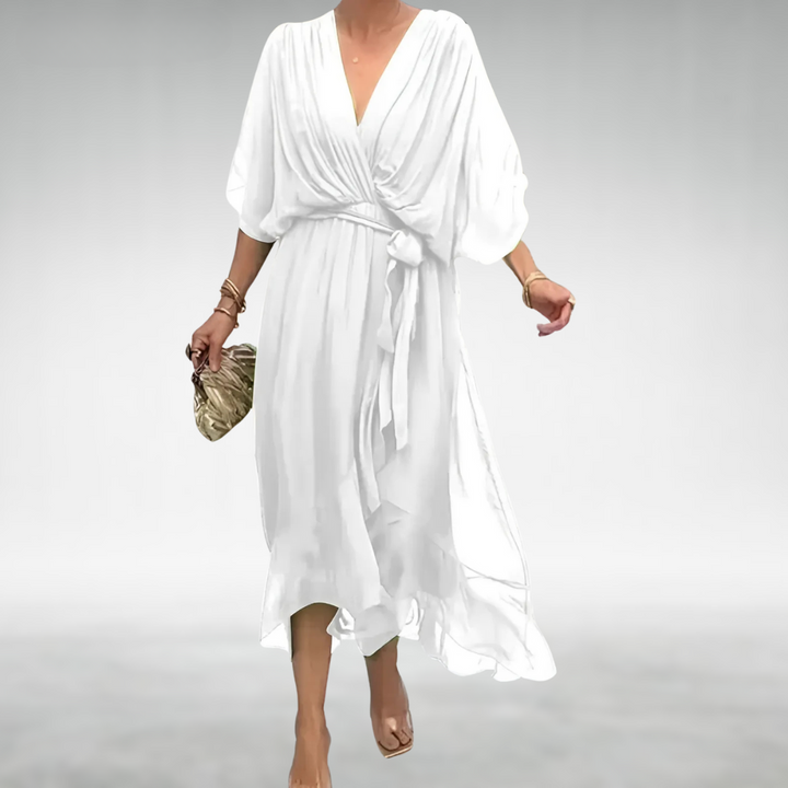 Vestito lungo da donna con scollo a V incrociato, maniche ampie, orlo asimmetrico