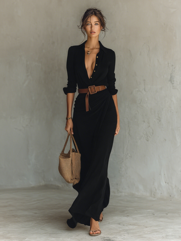 Vestito lungo da donna collo a revers maniche lunghe abbottonato con cintura drappeggiato
