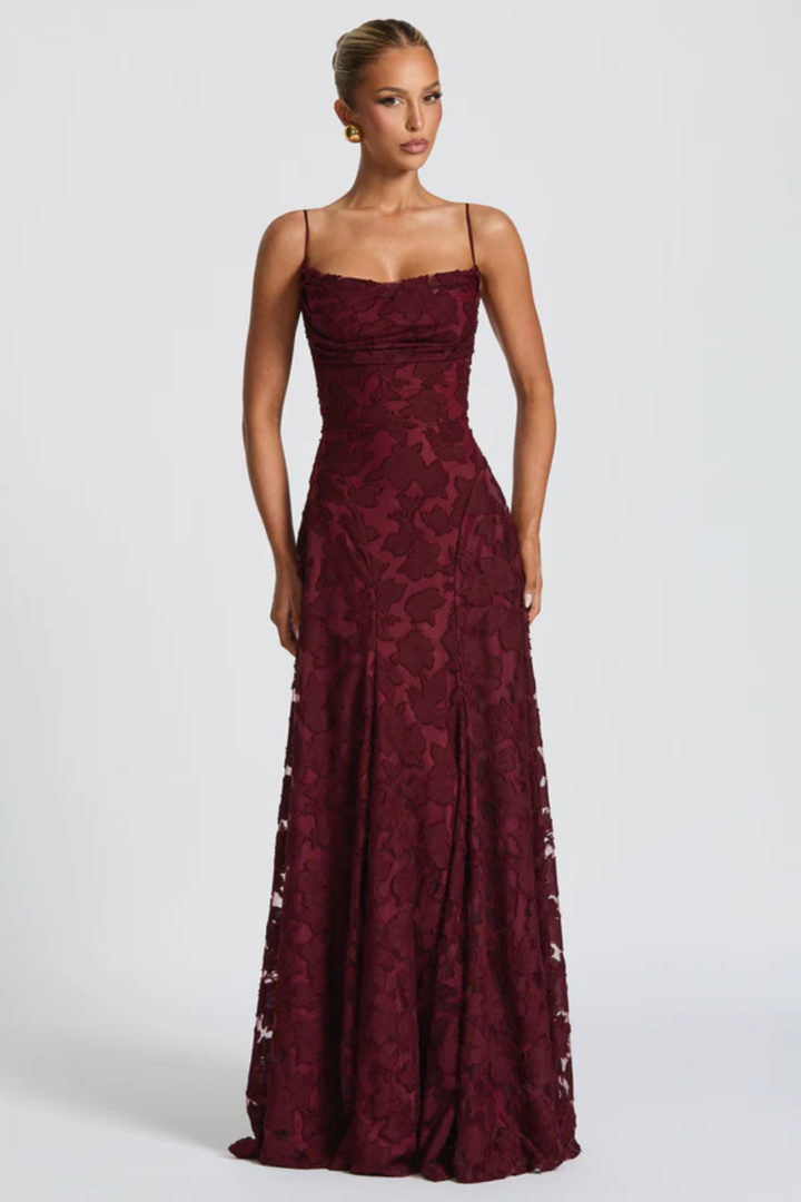 Vestito lungo donna spalline sottili scollo a cascata schiena scoperta con lacci