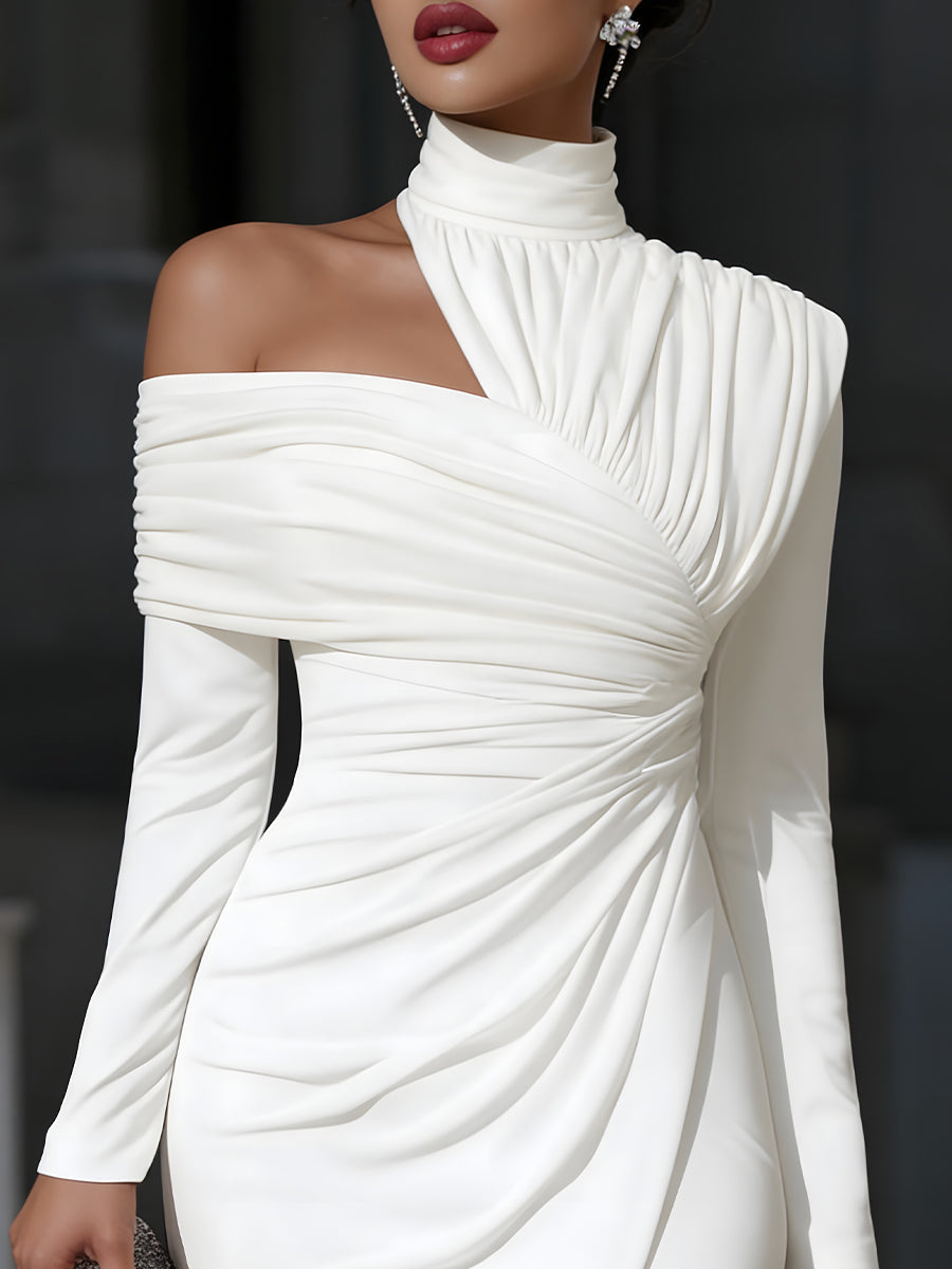 Abito midi da donna collo alto asimmetrico drappeggiato spacco laterale