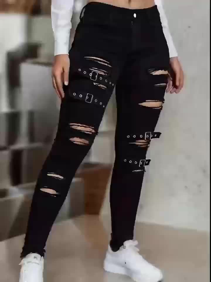 Miriam | Pantaloni Donna in Denim Scuro a Gamba Svasata e Effetto Used