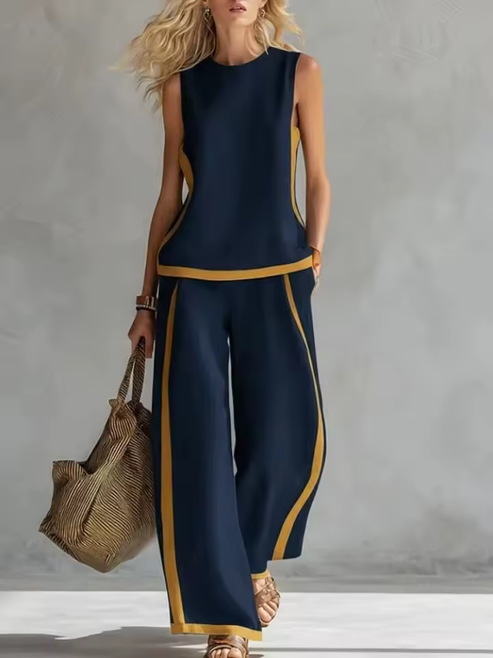 completo da donna con canotta senza maniche e pantaloni larghi multicolori