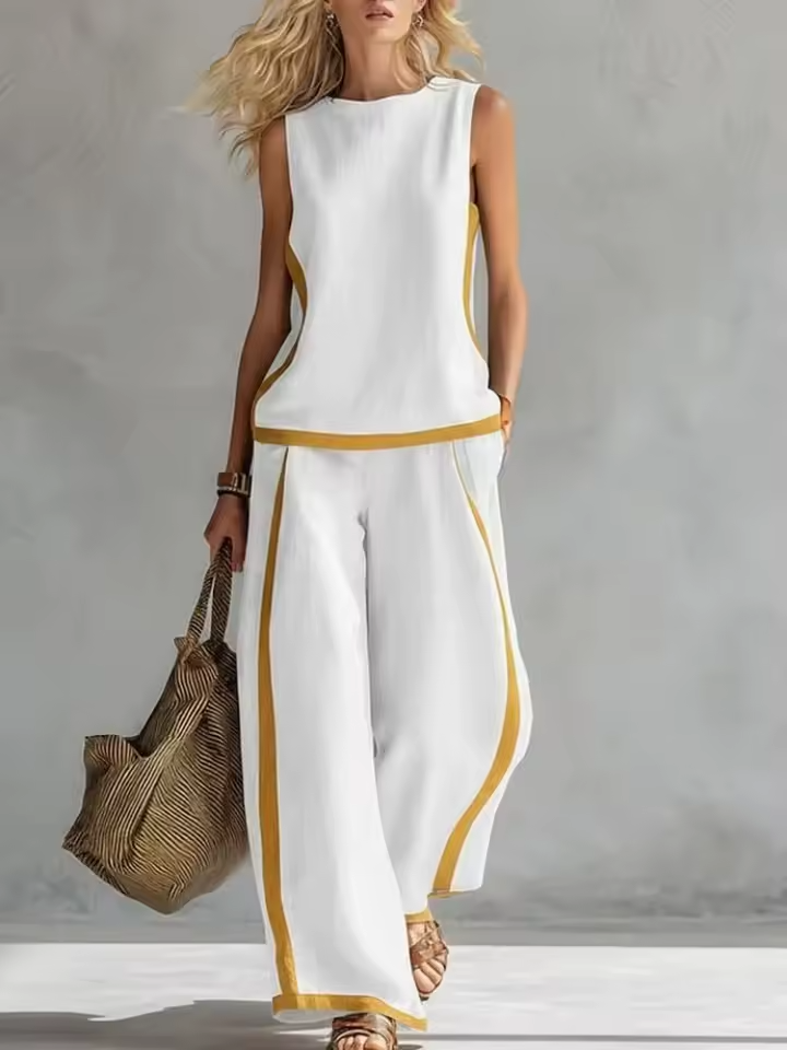 completo da donna con canotta senza maniche e pantaloni larghi multicolori