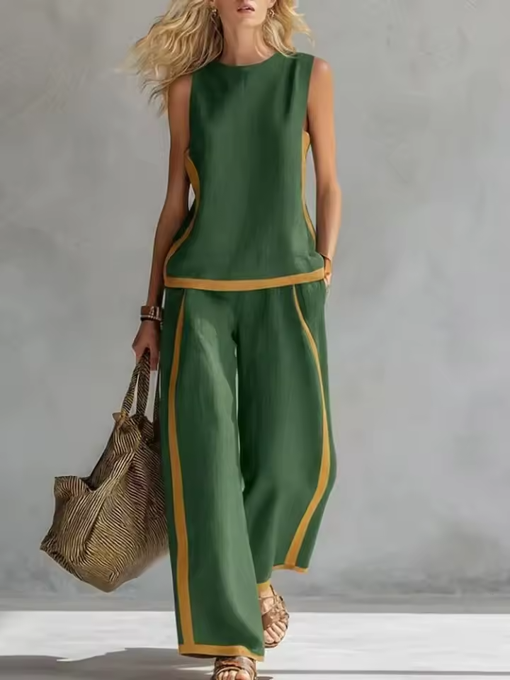 completo da donna con canotta senza maniche e pantaloni larghi multicolori