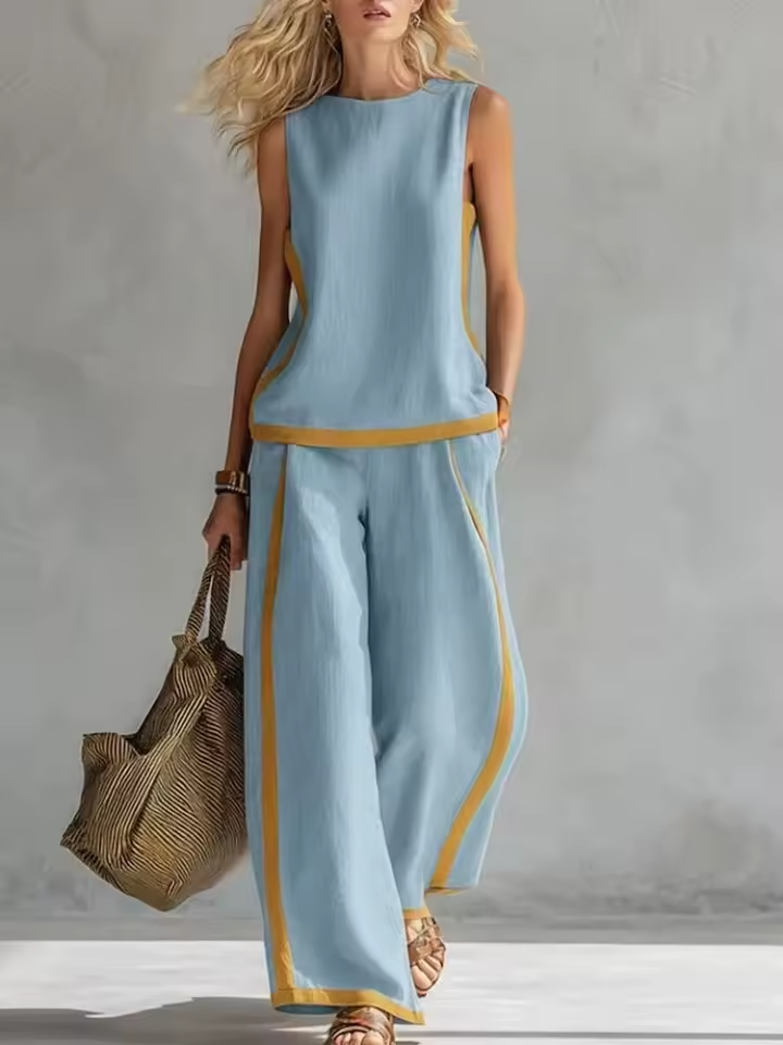completo da donna con canotta senza maniche e pantaloni larghi multicolori
