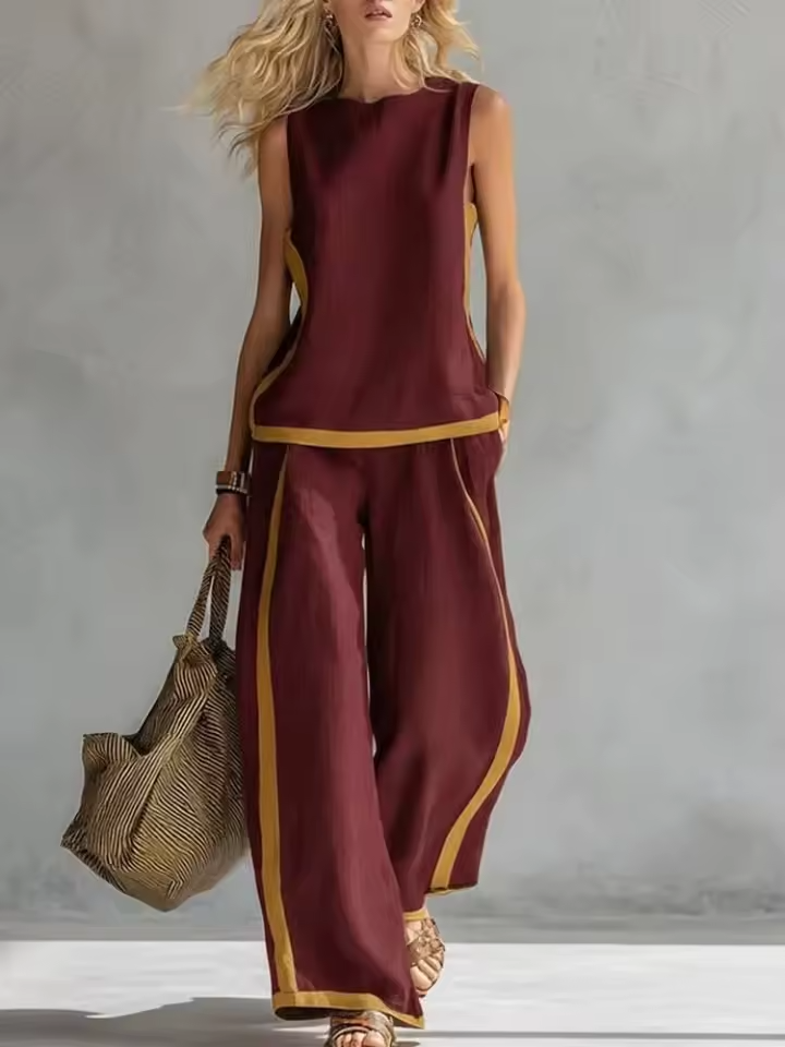 completo da donna con canotta senza maniche e pantaloni larghi multicolori