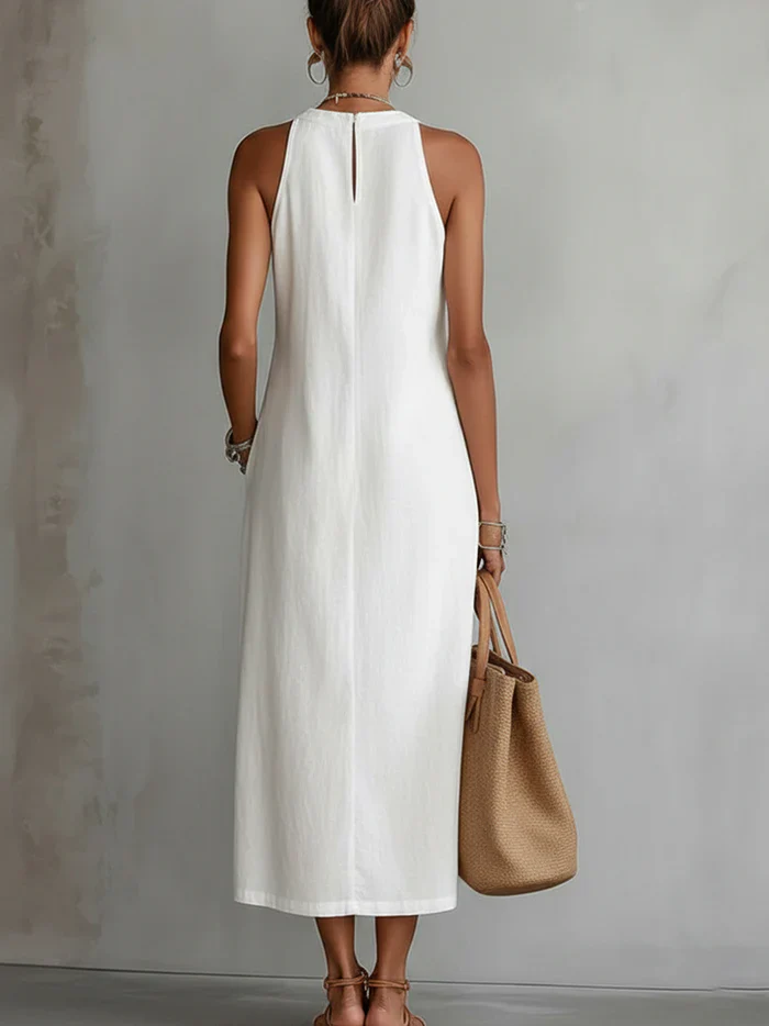 Abito midi da donna con collo alto, senza maniche, inserti in pizzo, spacchi laterali