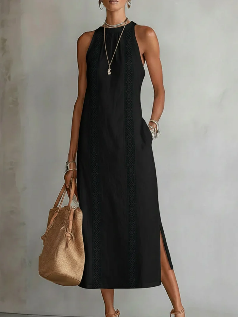 Abito midi da donna con collo alto, senza maniche, inserti in pizzo, spacchi laterali