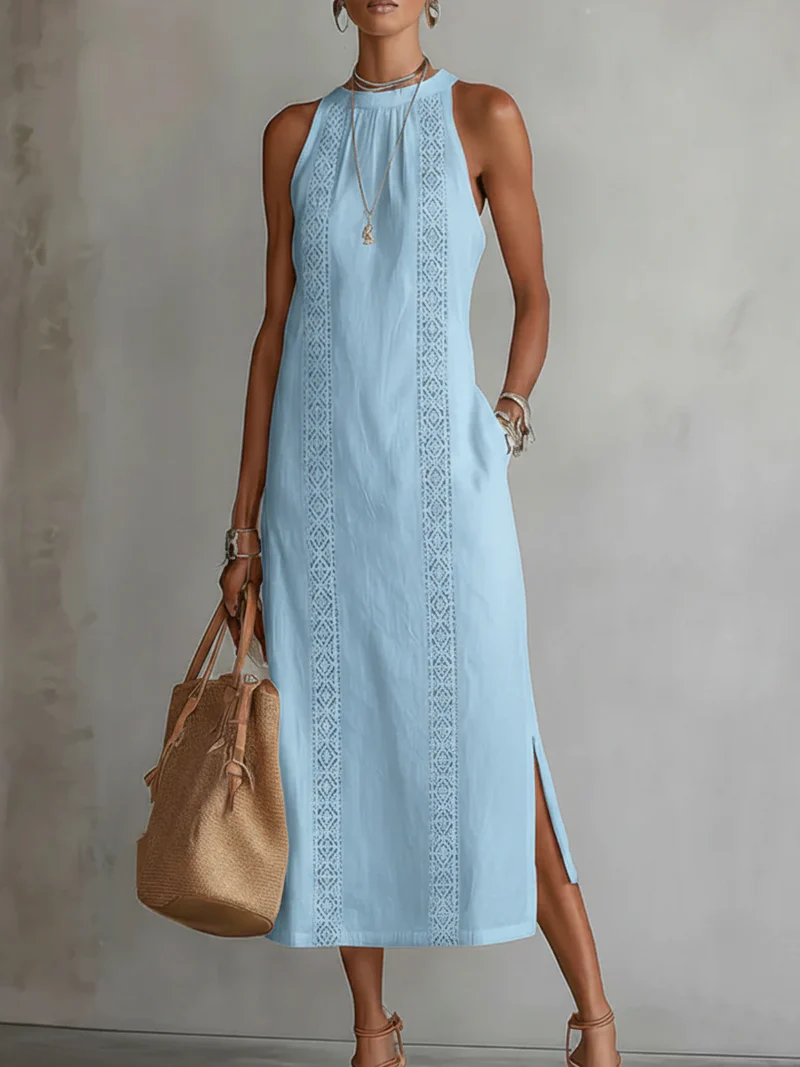 Abito midi da donna con collo alto, senza maniche, inserti in pizzo, spacchi laterali