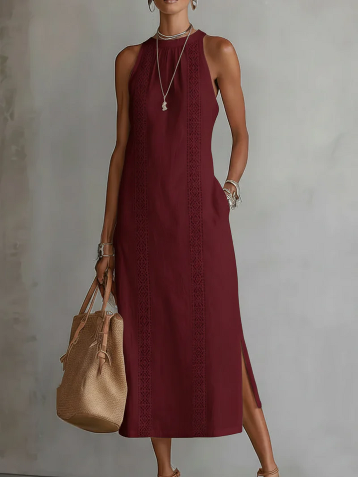 Abito midi da donna con collo alto, senza maniche, inserti in pizzo, spacchi laterali