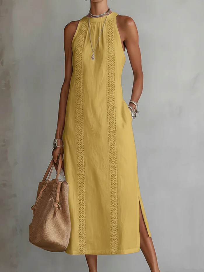 Abito midi da donna con collo alto, senza maniche, inserti in pizzo, spacchi laterali