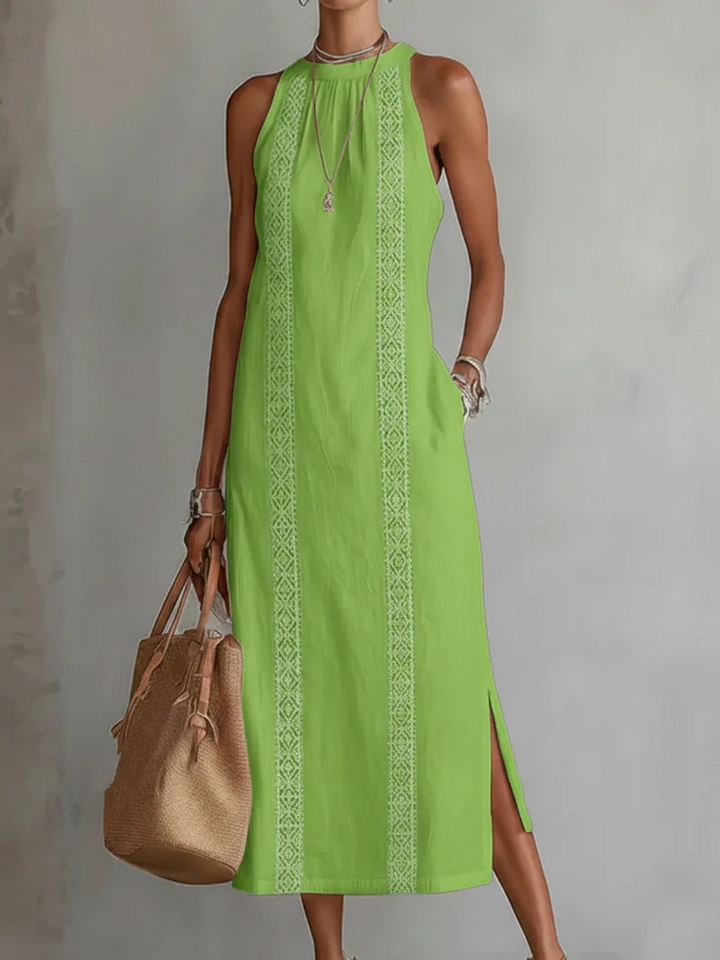 Abito midi da donna con collo alto, senza maniche, inserti in pizzo, spacchi laterali