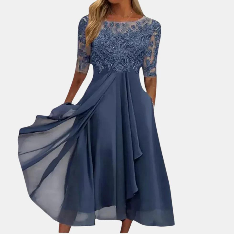 Abito midi donna con inserto in pizzo scollo rotondo maniche 3/4