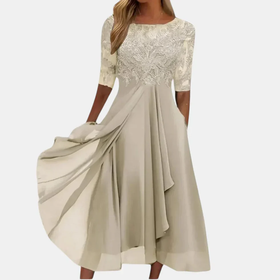 Abito midi donna con inserto in pizzo scollo rotondo maniche 3/4