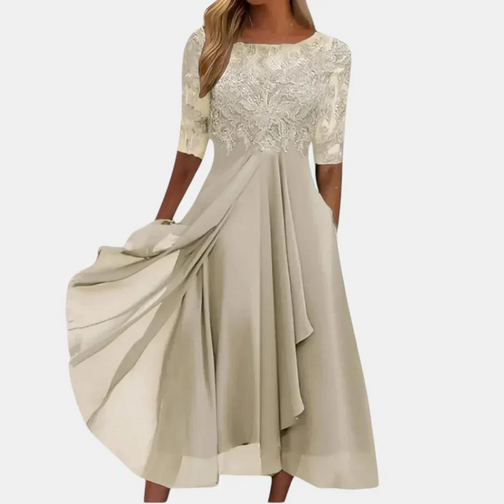 Abito midi donna con inserto in pizzo scollo rotondo maniche 3/4