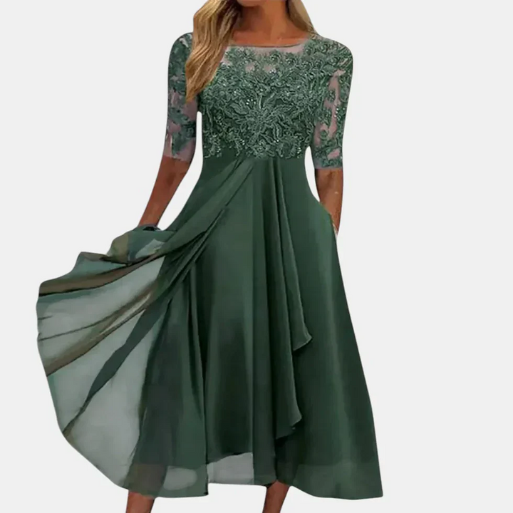 Abito midi donna con inserto in pizzo scollo rotondo maniche 3/4