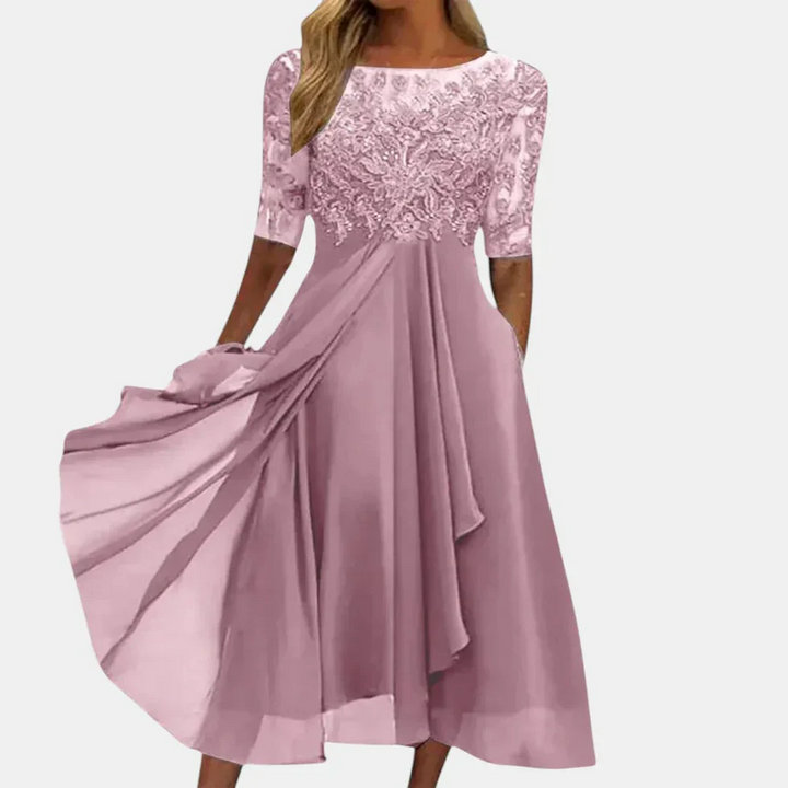 Abito midi donna con inserto in pizzo scollo rotondo maniche 3/4