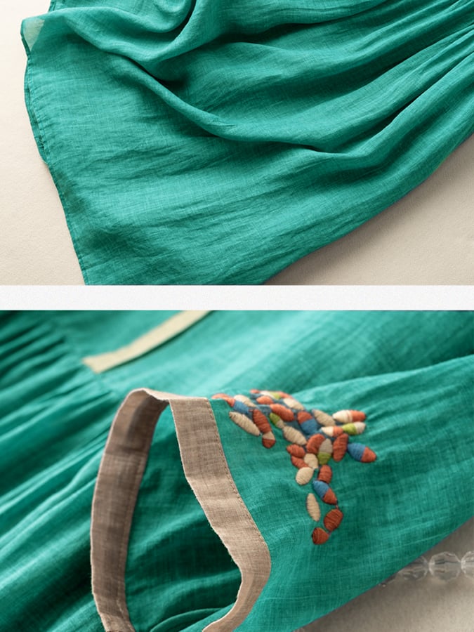 Abito midi da donna colletto rotondo maniche 3/4 ricamo etnico vita arricciata