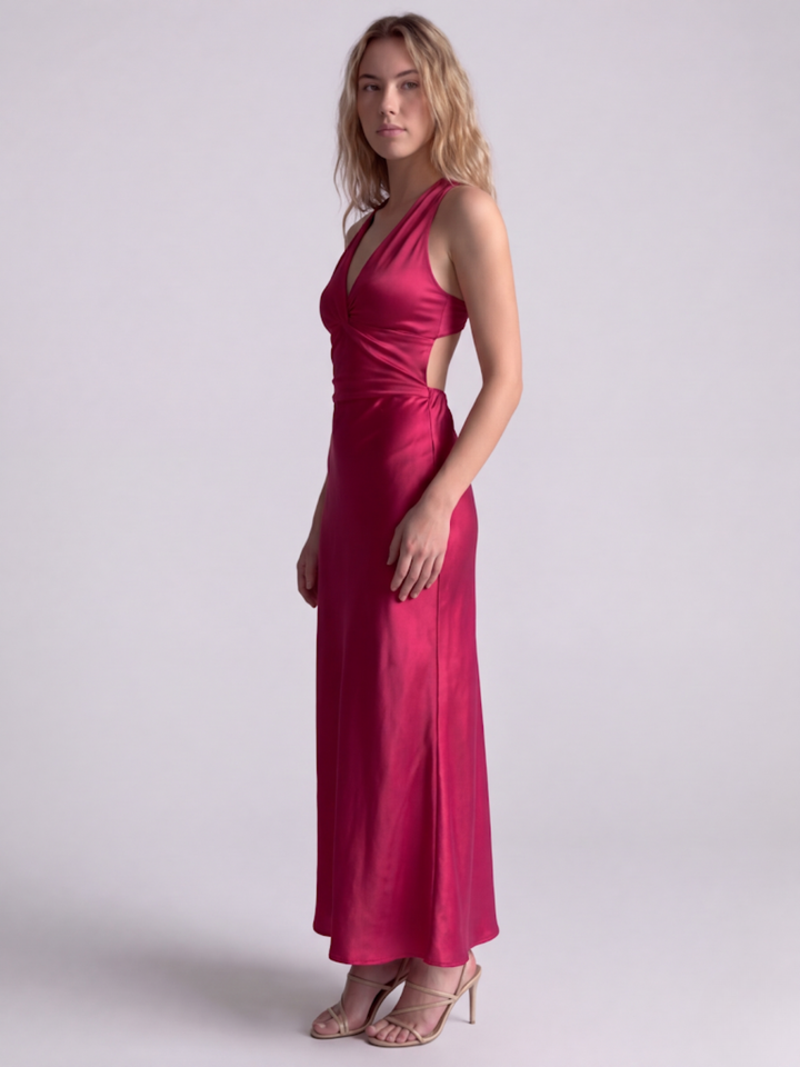 Vestito lungo da donna con scollo a V intrecciato, cut-out laterali, schiena scoperta da annodare